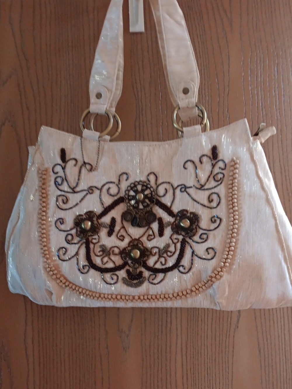 Elegant Embroidered Cream Shoulder Bag with Bead Trim